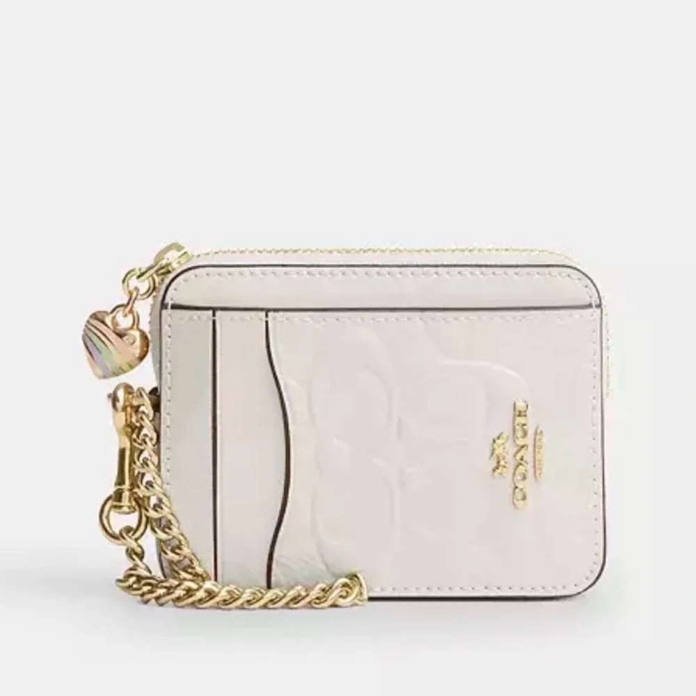 Zip Card Case In Signature Leather With Heart Charm